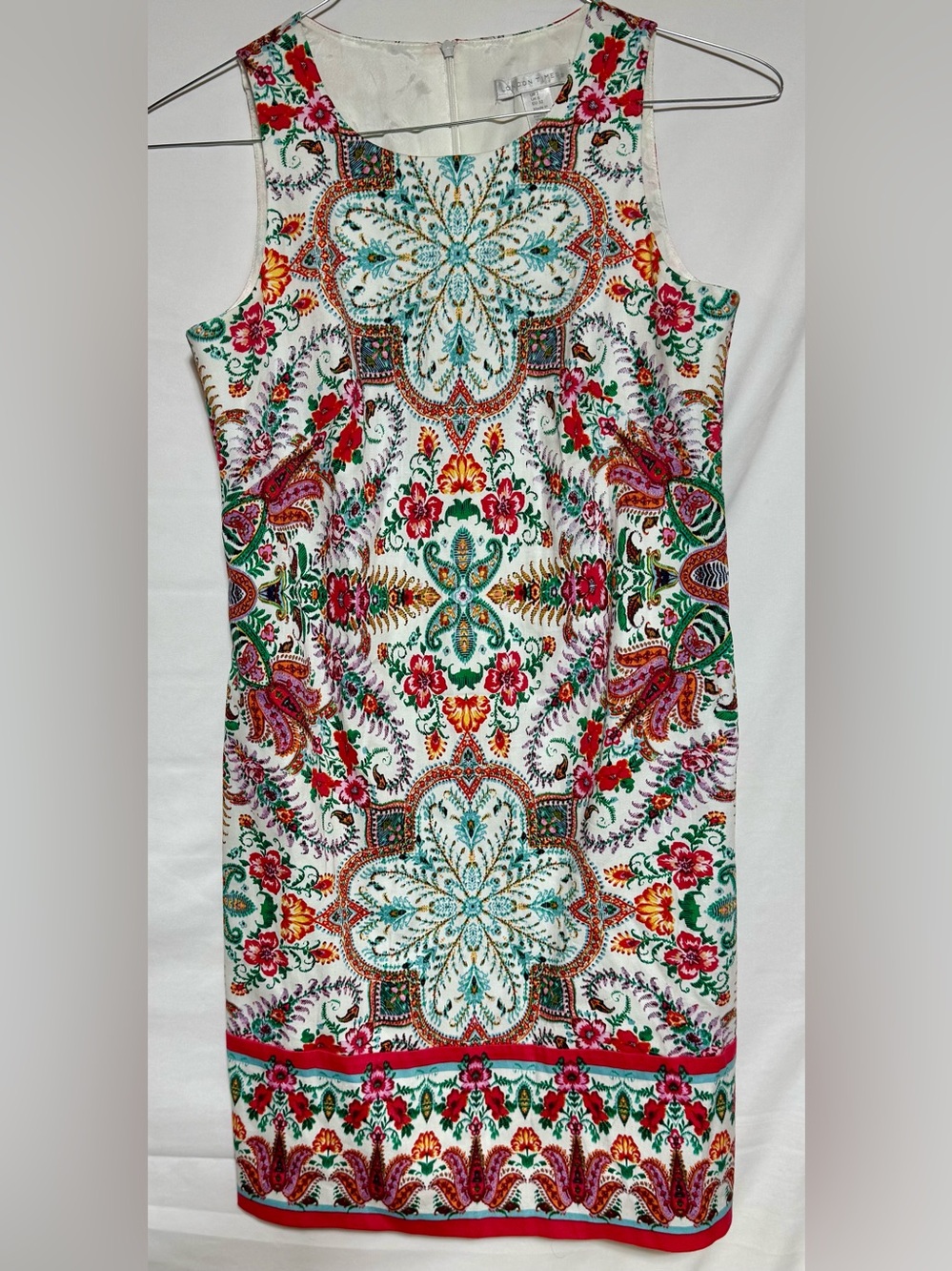 London Times Women’s Sz 2 Geometric Floral Sheath Dress Sleeveless, Colorful